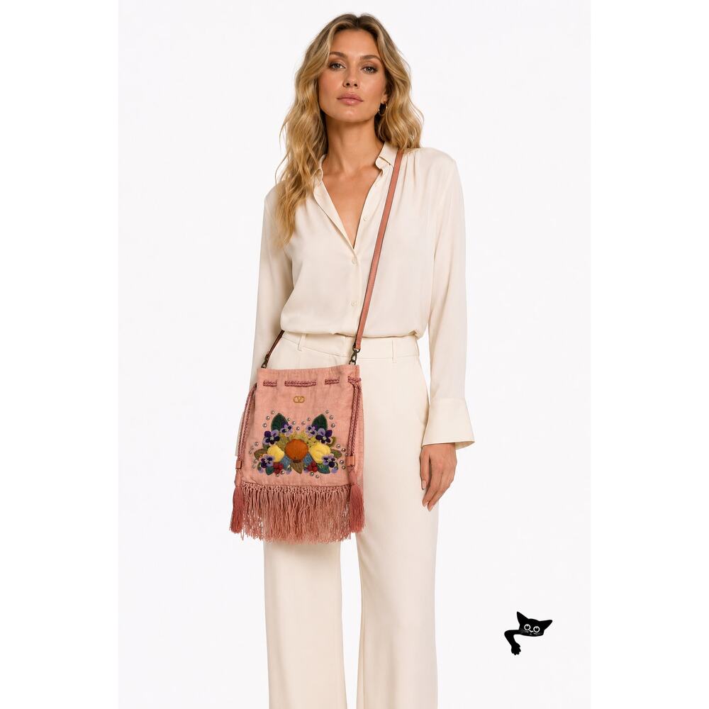 NWOT Valentino Garavani Nellcôte Pink Linen Floral Fringe Crossbody Bag - Picture 5 of 16